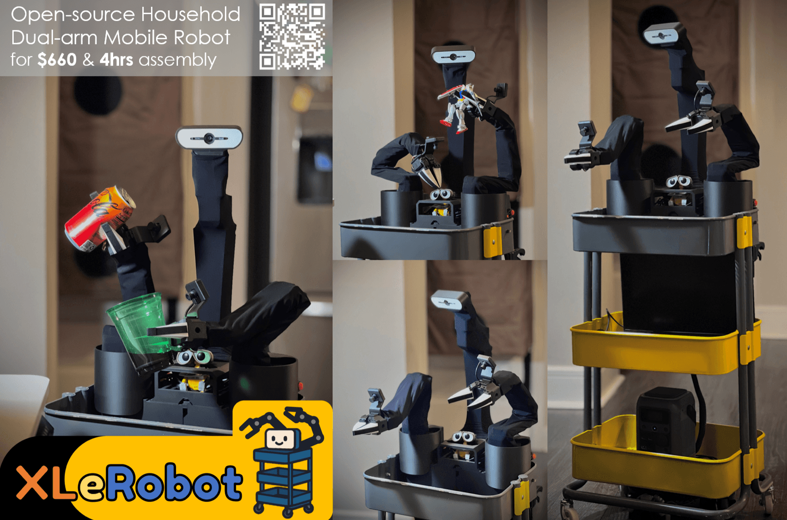 XLeRobot dual-arm IKEA cart robot in three poses